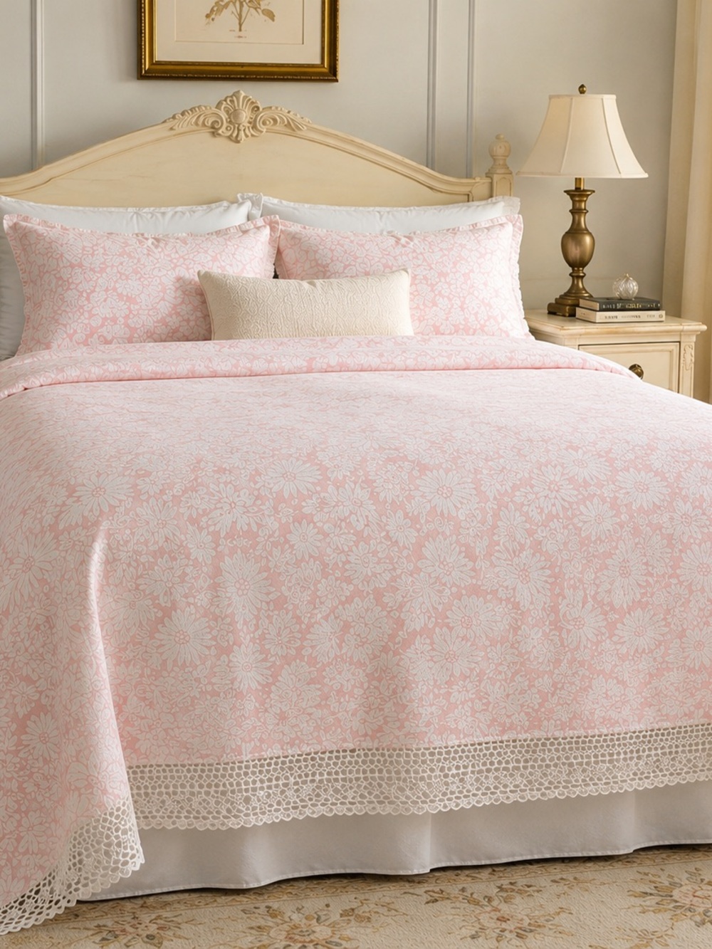 Vintage Saks Fifth Avenue for Matouk Pink Floral Lace-Trimmed Queen Coverlet